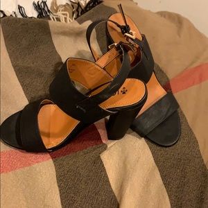 Black two strap block heeled